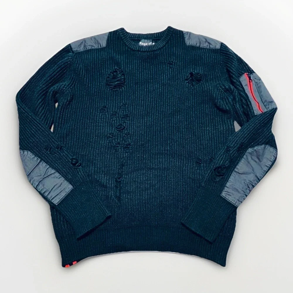 Rage Of A Rebellion Destroyed Sweater Zip Side Black‎ Edgy Grungy Shredded 2XL